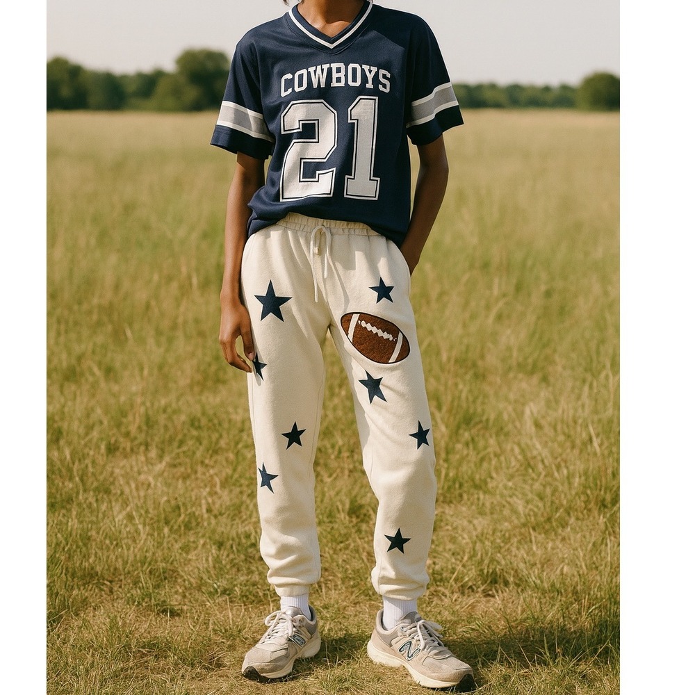 Judith March Football Embroidered‎ Star Print Fleece Jogger Pants Cream Large